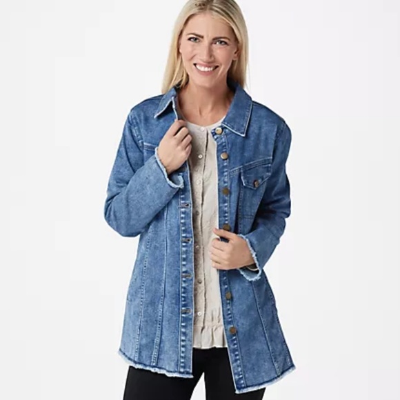 LOGO by Lori Goldstein Denim Jacket with Fringe Hem Size 8 - Picture 1 of 6